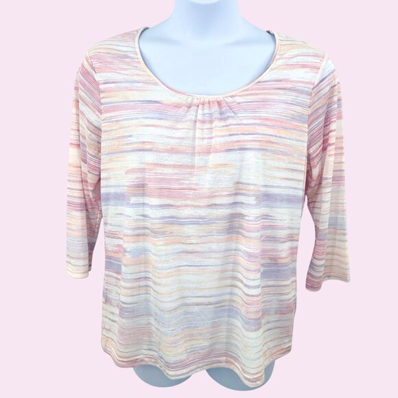MUTED PASTEL PINK PURPLE STRIPE CROFT & BARROW 3/4 SLV T-SHIRT - XL - Picture 1 of 4